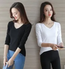 韓国 Vネックカットソー  無地 定番 長袖 トップス オフィス Tシャツ S～XXL 白 黑