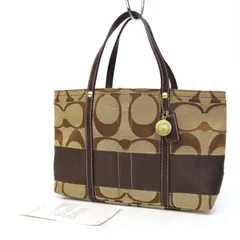 OF25197 美品 COACH コーチ シグネチャー ストライプ スモールトート ハンドバッグ キャンバス×レザー ステッチ ゴールド金具 チャーム ミニトートバッグ 鞄 ベージュ×ブラウン