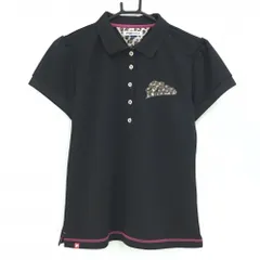 【超美品】フィラゴルフ 半袖ポロシャツ 黒 ステッチピンク レオパード柄ロゴ レディース LL ゴルフウェア FILA GOLF