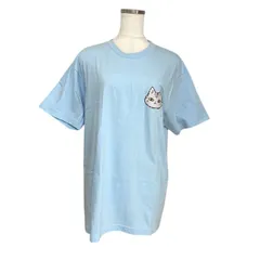 レディース　Tシャツ　半袖　ライトブルー　猫フェイス　ワンポイント　M