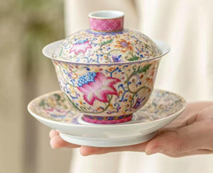 高級、廷、琅彩☆花開盛世の蓋碗☆茶器箱付キ