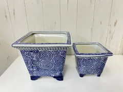 【龍馬】染付陶器の植木鉢　大小二点セット　蛸唐草　盆栽　植物　多肉　庭園　お庭　中国　人気