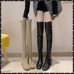 ニーハイブーツ スクエアトゥ 美脚ブーツレディース ローヒール ロングブーツ おしゃれ サイドジップ サイハイブーツ チャンキーヒール 歩きやすい PUレザージョッキーブーツ 太ヒールブーツ大人 韓国靴 スエード調