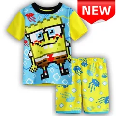 ✨新品✨スポンジボブ ピクセル柄 子供パジャマ 半袖 黄色青 キッズルームウェア 男の子 女の子 夏用 部屋着 寝間着 キッズパジャマ 100/110/120/130cm コットン 綿 キャラクター 半ズボン セットアップ 幼稚園 保育園