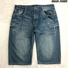 Sean John デニムパンツ ジョーツ ハーフパンツ ショートパンツ ショーツ ロゴ刺繍 ヴィンテージ加工 ウォッシュ加工 ユーズド加工 W38 インディゴブルー 青系 ショーンジョン