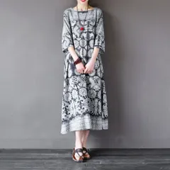 ☆ ネイビー×ホワイト ☆ ロングワンピース リゾートワンピース レディース ロングワンピース 七分袖 レディース リゾートワンピース ワンピース ワンピ リゾートワンピ ロングワンピ クルーネック リゾート 総柄 ゆったり 体型カバー キレイめ きれいめ