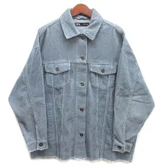ザラ ZARA コーデュロイ シャツ ジャケット カットオフ 長袖 ペールブルー S 8372/222/403