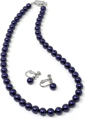 K&R パールネックレス 8mm珠 日本製 冠婚葬祭 結婚式 カジュアル 2点セット( 濃藍色,  45Cm ピアス)