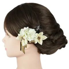 七五三 髪飾り 三歳 七歳 日本髪 花 2点セット 白 クリーム色 ゴールド 緑 ベージュ つまみ細工 菱つまみ ビラ簪 パッチン留め No.9-5415