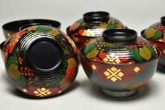 塗師 岡本陽斎 蒔絵 煮物椀 4客 共箱 秀衡椀 朱塗 吸物椀 菓子椀