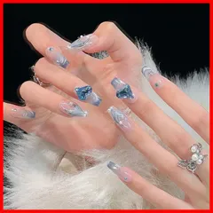 【即発送】可愛い ネイルシール 長め ジェルネイル ネイルチップ ネイルチップ 手作りネイルチップ 花嫁ネイル ネイル 3D付け爪 夏 結婚式 春 パーティー おしゃれ デート 人気 日常生活 韓国 立体 女性 光沢 プレゼント キラキラ 両面テープ 24枚入