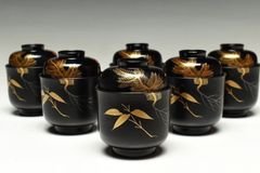 極美品 本輪島塗 朱塗金蒔絵 松竹梅 懐石道具 酒器揃 共箱付 天然木