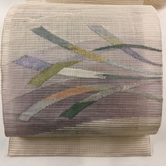 名古屋帯 秀品 夏帯 絽 幾何学模様 金銀糸 クリーム 正絹 【中古】