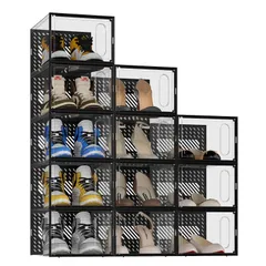 JOISCOPE の頑丈な12つの靴箱、透明PPプラスチックは靴箱を積み重ねることができて、磁気ドアを持って、空間を節約する靴棚容器、多層スイッチドアおもちゃ箱文具化粧品、廊下と入り口、ブラック
