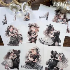 【EP111】コラージュ素材 モノトーン少女とテディベア メモ