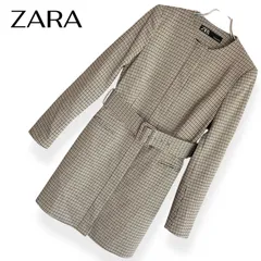ZARA ザラ  レディース ノーカラーコート ベージュ チェック ベルト付き シンプル Sサイズ 611KZ