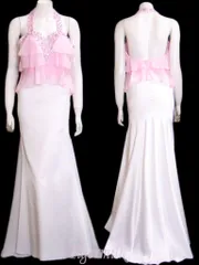✨新品✨【当店オリジナル・キャバドレス】美ラインシフォンサテントレーン２ピースロングドレス【ホワイト×ピンク系】