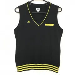 【美品】アディダス ニットベスト 黒×イエロー ウール混 Vネック レディース L/G ゴルフウェア adidas