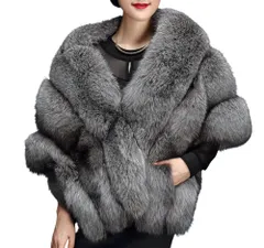 フェイク ファー マフラー シルバー フォックス 上品 ゆったり 大判 大きめ フリーサイズ 暖かい 毛皮 ポケット 付き