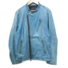 テットオム TETE HOMME ライダースジャケット 革ジャン ラムレザージャケット ミドル丈 スタンドカラー シングル 総裏地 ダブルジップ 6 L エメラルドグリーン /FF5のサムネイル