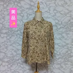 美品　VINTAGE　ヴィンテージ　ビンテージ　シャツ　ブラウス　コーデュロイ　長袖　花柄　フラワー　総柄　春　秋　冬　レディース【LL】 ベージュ　薄白　ブラウン　茶　薄茶