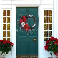 リース ドクロ どくろ スケルトン ゴースト ハンド 黒 ブラック 赤 レッド 花 フラワー 土台 窓 ドア 壁 秋 飾り 壁掛け ハロウィン