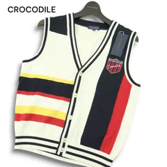 【新品 未使用】 CROCODILE クロコダイル 秋冬 ニット★ マルチカラー切り替え ベスト Sz.M メンズ 白 日本製