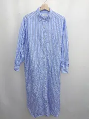 ◇ ⊂ Discoat ディスコート ストライプ柄 シャツ風 長袖 ロング ワンピース サイズフリー ブルー レディース E  【1506230024193】