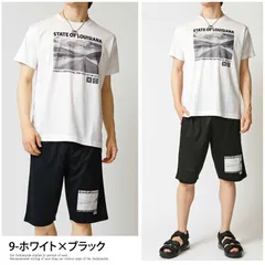 セットアップ メンズ 速乾DRY加工 ストレッチ半袖Tシャツ×ハーフパンツ 上下セット アメカジプリント 部屋着 ルームウェア パジャマ スポーツウェア トップス set32 9-ホワイト×ブラック