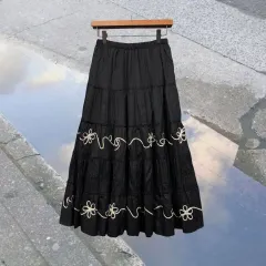 日本 ヴィンテージ 黒 フラワー ポイント バンディング ロング スカート 森ガール ティアード
