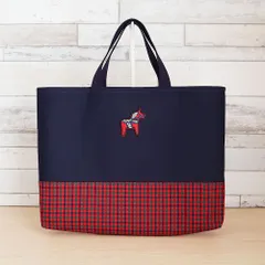 【赤馬のワッペン付き】 赤チェック 紺 タータンチェック マチあり レッスンバッグ お稽古バッグ 手提げ 男の子 女の子 入園入学グッズ 通学バッグ 絵本バッグ ハンドメイドバッグ