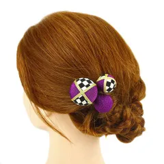 髪飾り 成人式 振袖 前撮り 袴 花 浴衣 夏祭り 花火大会 3点セット 紫 ちりめん 玉飾り 格子 ヘアアクセ かんざし 新作 ヘッド No.9-3269