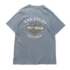 【L】90s USA製 古着 Harley Davidson ハーレー Tシャツ ポケット付き ラスベガス ブルー グレー