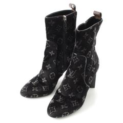 ルイヴィトン シルエットライン ベロア モノグラム サイドジップ アンクル ヒール ブーツ シューズ ブラック 38【中古】