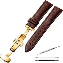 腕時計　交換用ベルト ダークブラウン　濃茶　Dバックル　シルバー　ゴールド　レザー製　本革　クロコ型押し　バンド　18mm　20ｍｍ　22ｍｍ　メンズ　男性　交換金具付き