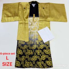 紋付袴 6点セット 着物 羽織 袴 長襦袢 羽織紐 角帯 裄71.8cm 袴丈88cm L 金 黒 五つ紋 中古 4513