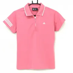 アディダス 半袖ポロシャツ ピンク×白 袖3ライン ハーフジップ レディース L/G ゴルフウェア adidas