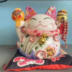 O205☆大型陶器製大様印招き猫 開運・商売繁盛・良縁・縁起物