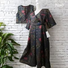 菱繋ぎに花×地空の花　大島紬　着物リメイク　カシュクールワンピース 菱繋ぎに花×地空の花 大島紬 着物リメイク カシュクール