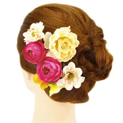 髪飾り 成人式 振袖 前撮り 袴 花 浴衣 夏祭り 花火大会 豪華3点セット 牡丹 白 ピンク 黄色 ヘアアクセ かんざし 新作 ヘッド No.9-3256