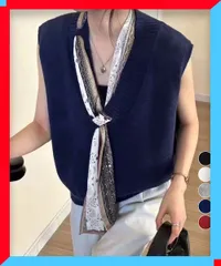 新品 Vネックニットベストスカーフ付き 韓国風 重ね着 体型カバー レイヤード服お洒落 ベストセーター無地