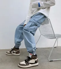 ワイド  デニム  イージー  カーゴ  ジョガーパンツ　ユニセックス　ライトブルーネイビー