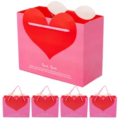 NOELAMOUR 紙袋 手提げ 5枚 かわいい ハート 目立つ ギフトバッグ ラッピング袋 プレゼント ギフト 贈り物 (ピンク, M: 横幅22×高さ17×マチ10cm) [ピンク] [M: 横幅22×高さ17×マチ10cm]