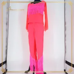 ダンス 衣装 トップス パンツ ズボン ジャズダンス 社交ダンス パーティ 発表会 フリンジ 蛍光 長ズボン ピンク系 セットアップ ツーピース 上下セット 伸縮 ストレッチ 動きやすい 派手 衣装 ステージ衣装 蛍光色 フリンジ付き 踊りやすい 女性用