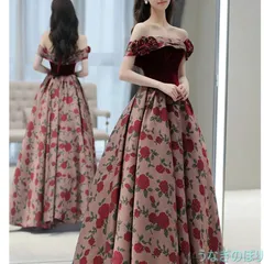 カラードレス カクテルドレス ロングドレス レッド 赤 花柄 パーティードレス 発表会 演奏会 ステージドレス コンクール イブニングドレス 大人 フォマール オフショルダー 編み上げ 1276