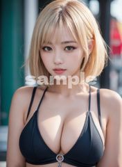 【AI美女ポスター】Urban Blonde #177｜金髪ボブ×リアル美女｜インテリア A4 水着美人 透明感  韓国風  コレクション ストリート 水着 スポブラ 都会美女
