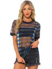 Allegra K シースルー Tシャツ シアー メッシュトップス ラウンドネック 半袖 カジュアル レディース マルチカラー ブラック L
