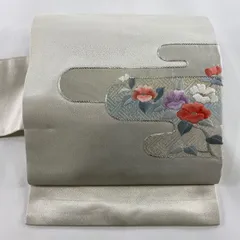 【美品】 名古屋帯 優品 関西仕立て ヱ霞 枝花 銀糸 刺繍 クリーム 正絹 【中古】