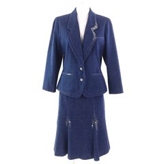 美品△LEONARD FASHION レオナール ファッション シルク100％ ロゴ刺繍 ビジュー付き ジャケット スカート セットアップ ブルー 9AB2 レディース