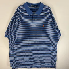 古着 90's/90年代 ポロバイラルフローレン Polo by Ralph Lauren 鹿の子 半袖 ポロシャツ ワンポイント ロゴ 刺繍 2ボタン 大きいサイズ XXL  ブルー系 ボーダー メンズ
